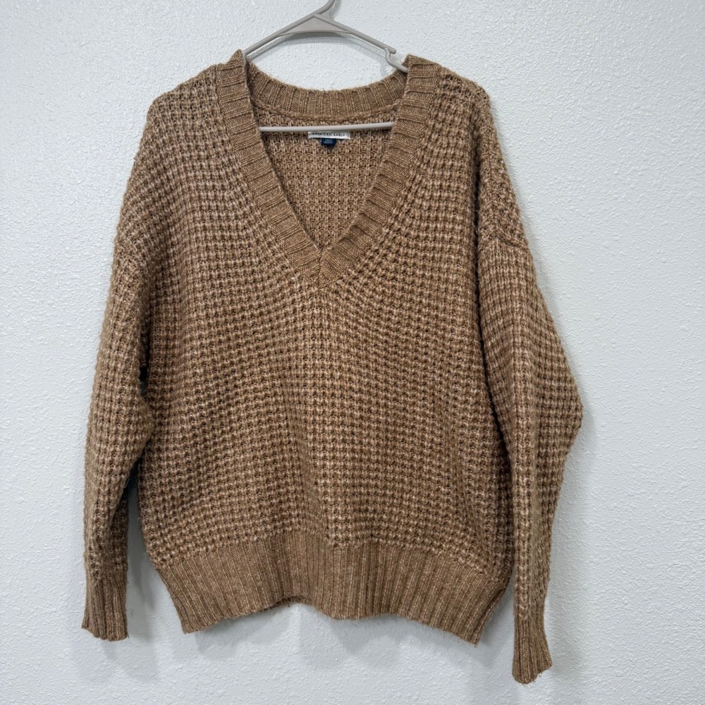 American Eagle Waffle Knit V-Neck Sweater Tan Oversized Pullover Small